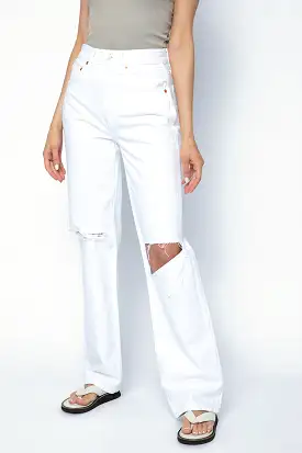 90s High Rise Loose Jean in White with Rips