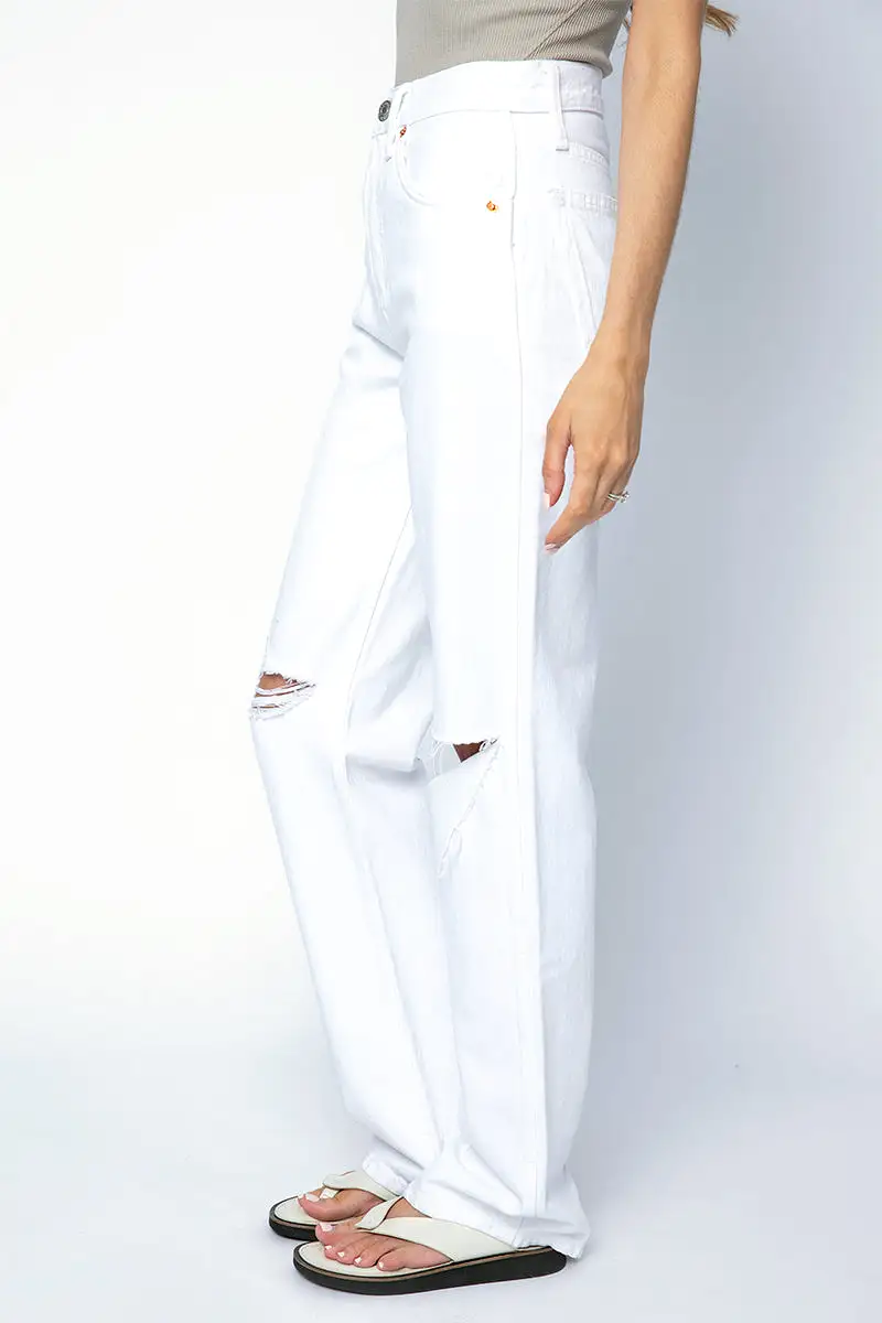 90s High Rise Loose Jean in White with Rips