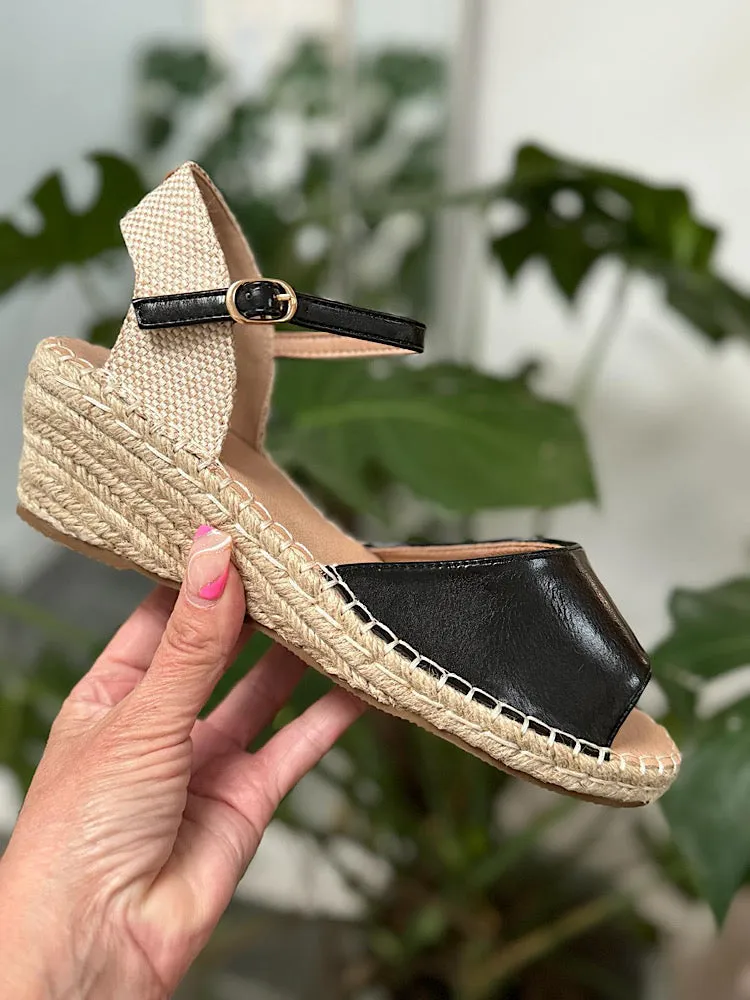 Black Weave Wedge Strap Sandals