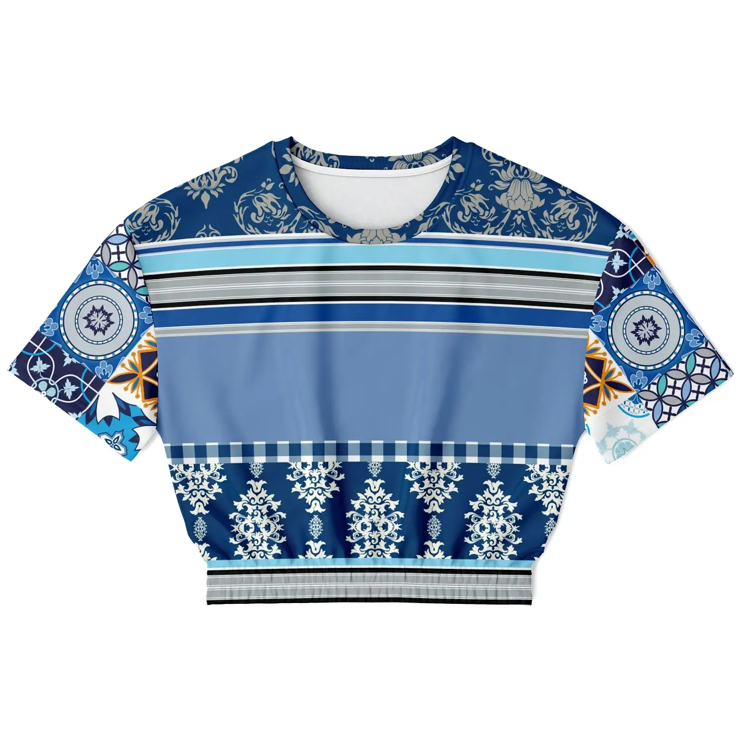 Blue Agadir Moroccan Tile Short Sleeve Cropped Eco-Poly Sweater