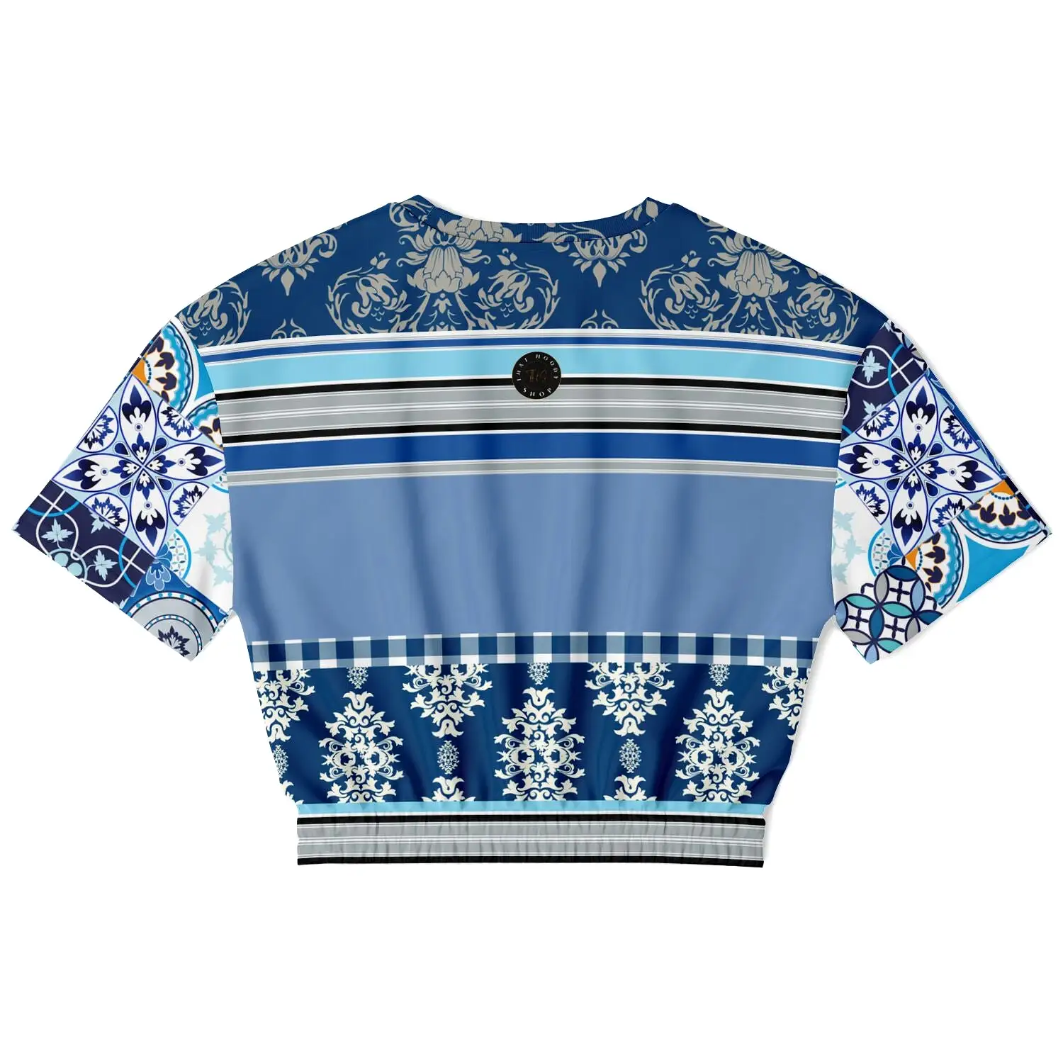 Blue Agadir Moroccan Tile Short Sleeve Cropped Eco-Poly Sweater