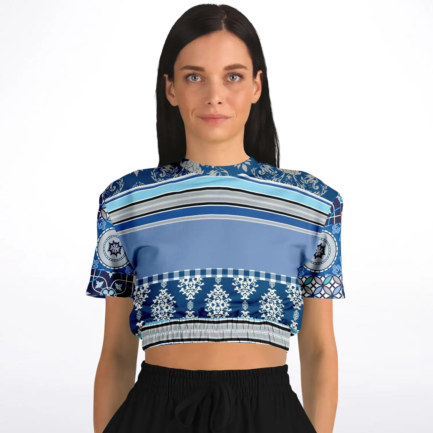 Blue Agadir Moroccan Tile Short Sleeve Cropped Eco-Poly Sweater