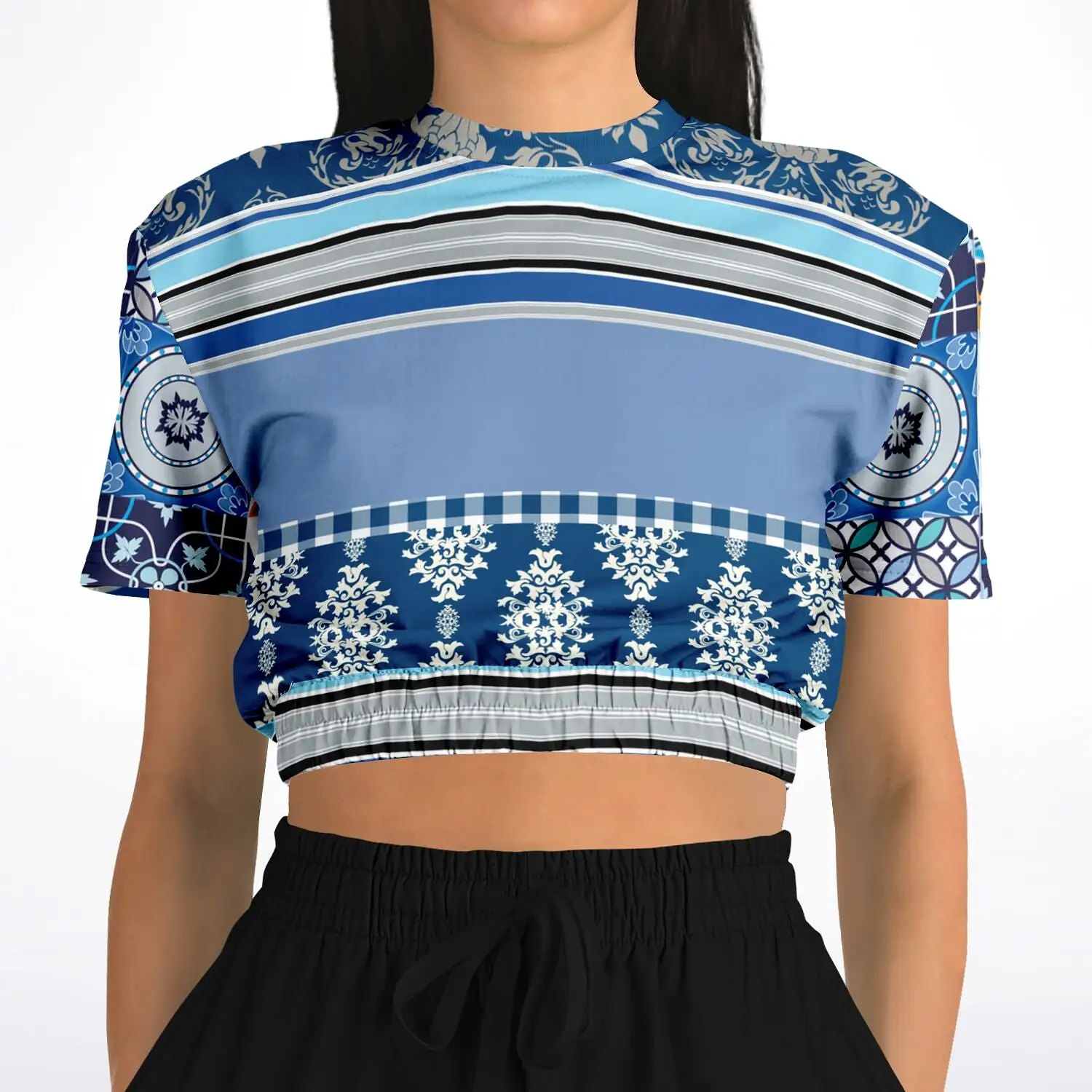 Blue Agadir Moroccan Tile Short Sleeve Cropped Eco-Poly Sweater