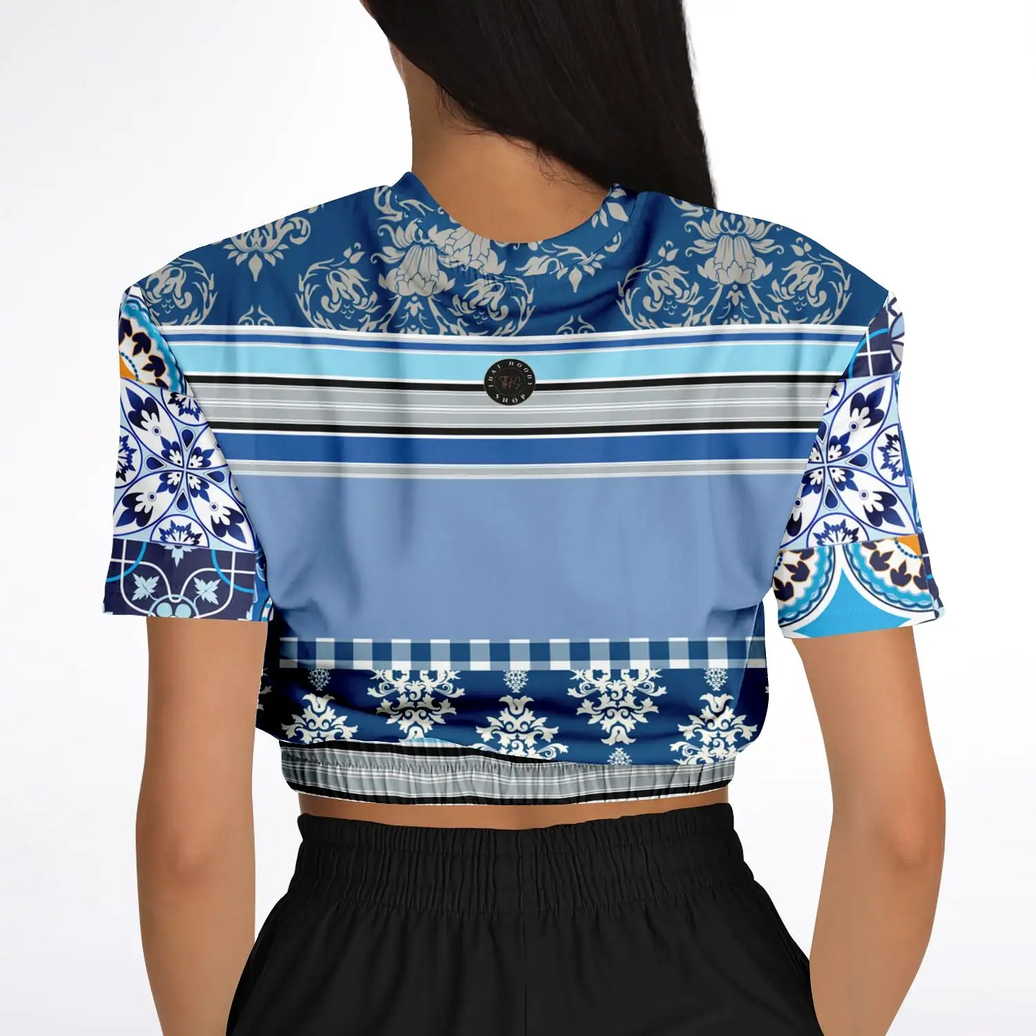 Blue Agadir Moroccan Tile Short Sleeve Cropped Eco-Poly Sweater