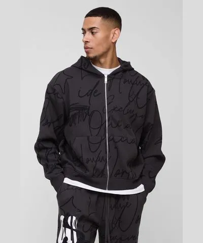 boohoo Mens Oversized Boxy All Over Graffiti Zip Through Hoodie