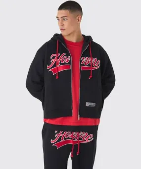 boohoo Mens Oversized Boxy Homme Embroidered Varsity Zip Through Hoodie