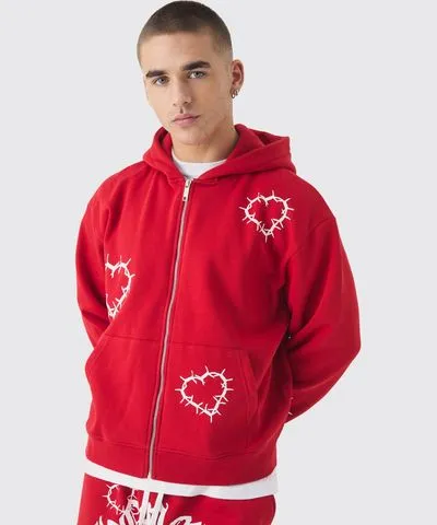 boohoo Mens Oversized Boxy Zip Through Heart Print Zip Through Hoodie