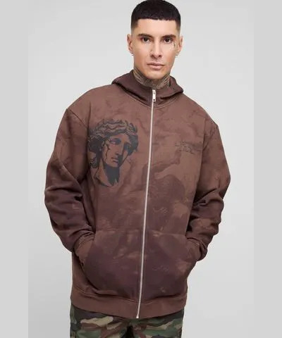 boohoo Mens Tall Oversized Zip Thru Renaissance Print Hoodie