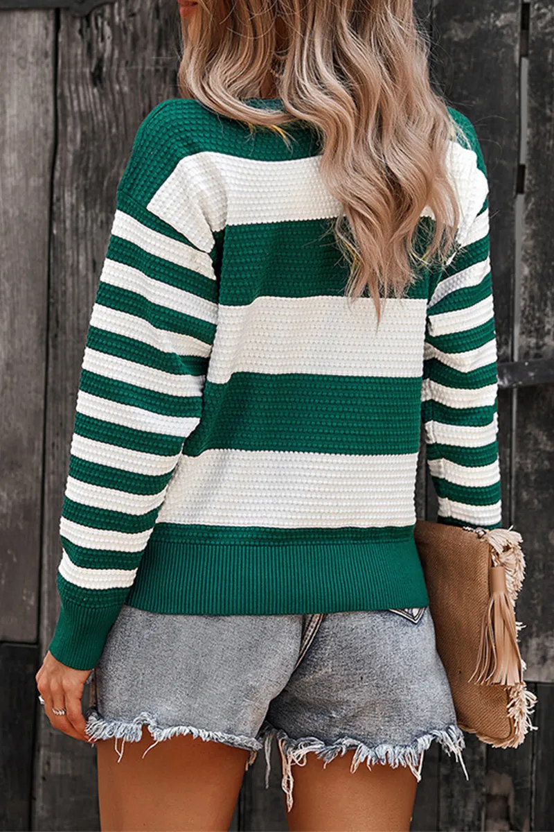 Casual Striped Contrast O Neck Sweaters(4 Colors)