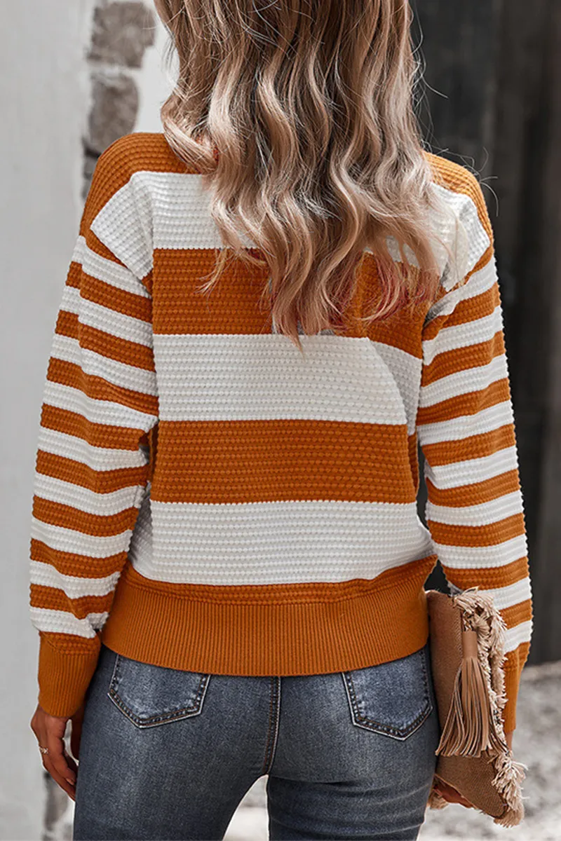 Casual Striped Contrast O Neck Sweaters(4 Colors)