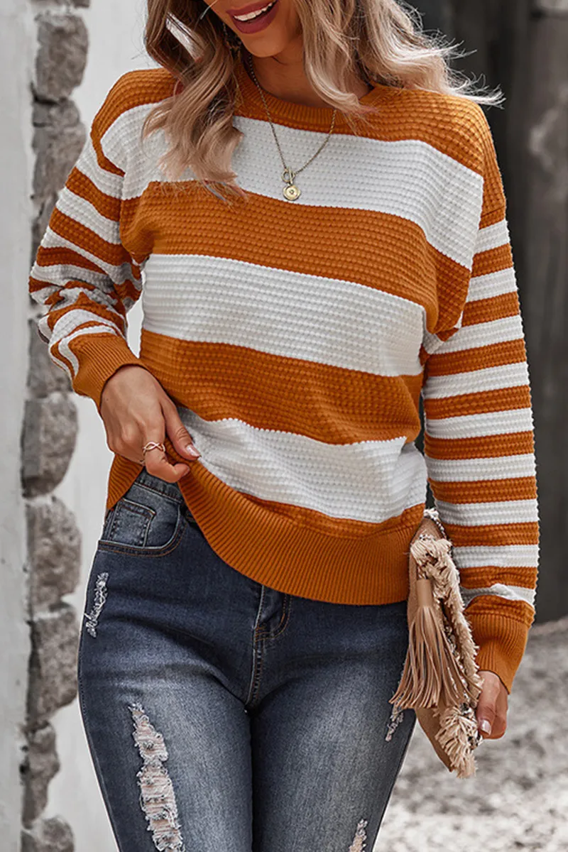 Casual Striped Contrast O Neck Sweaters(4 Colors)