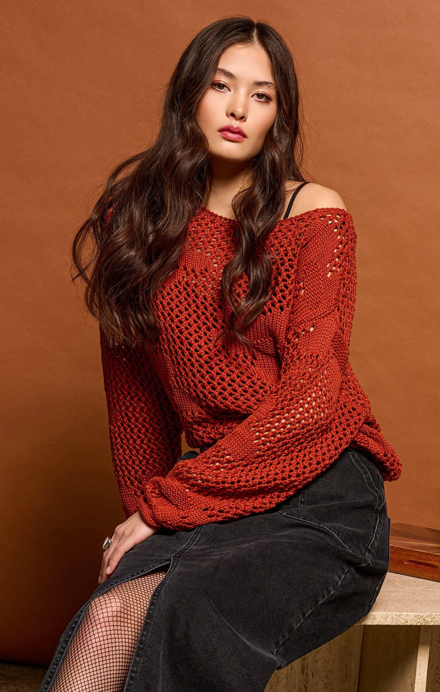 Dex Longsleeve Floral Crochet Sweater In Burnt Orange