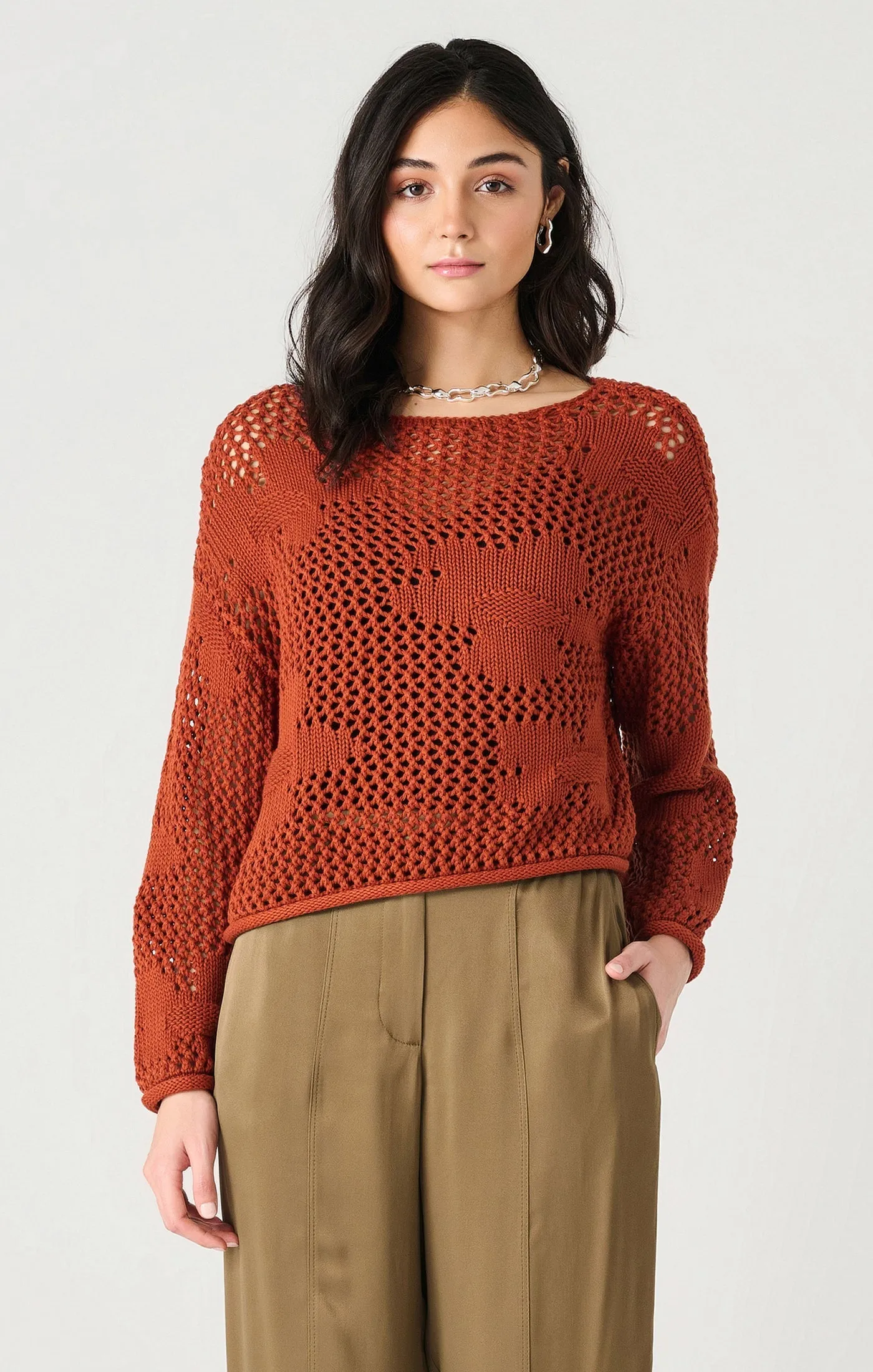 Dex Longsleeve Floral Crochet Sweater In Burnt Orange