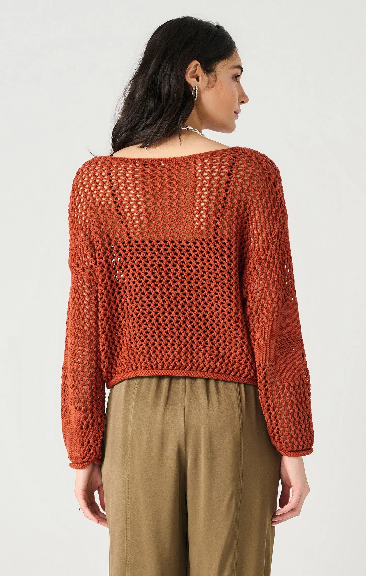 Dex Longsleeve Floral Crochet Sweater In Burnt Orange