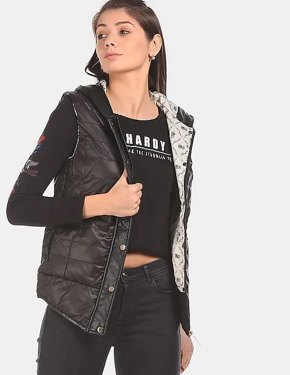 EdHardy Women Women Black Hooded Quilted Gilet Jacket