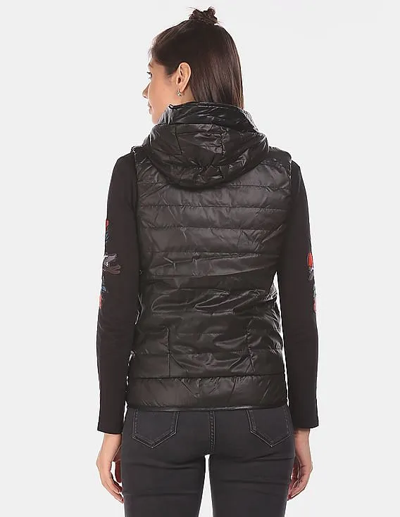 EdHardy Women Women Black Hooded Quilted Gilet Jacket