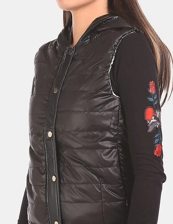 EdHardy Women Women Black Hooded Quilted Gilet Jacket