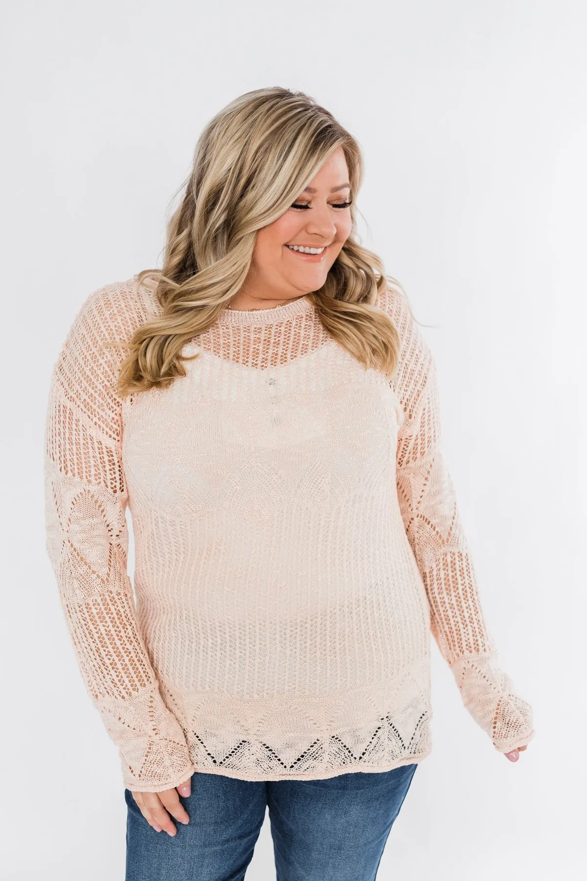 Effortless Smiles Open Knit Sweater- Light Peach