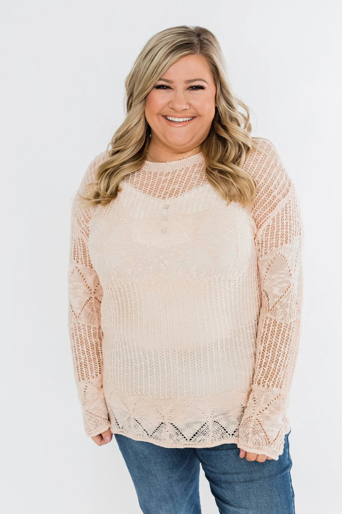 Effortless Smiles Open Knit Sweater- Light Peach