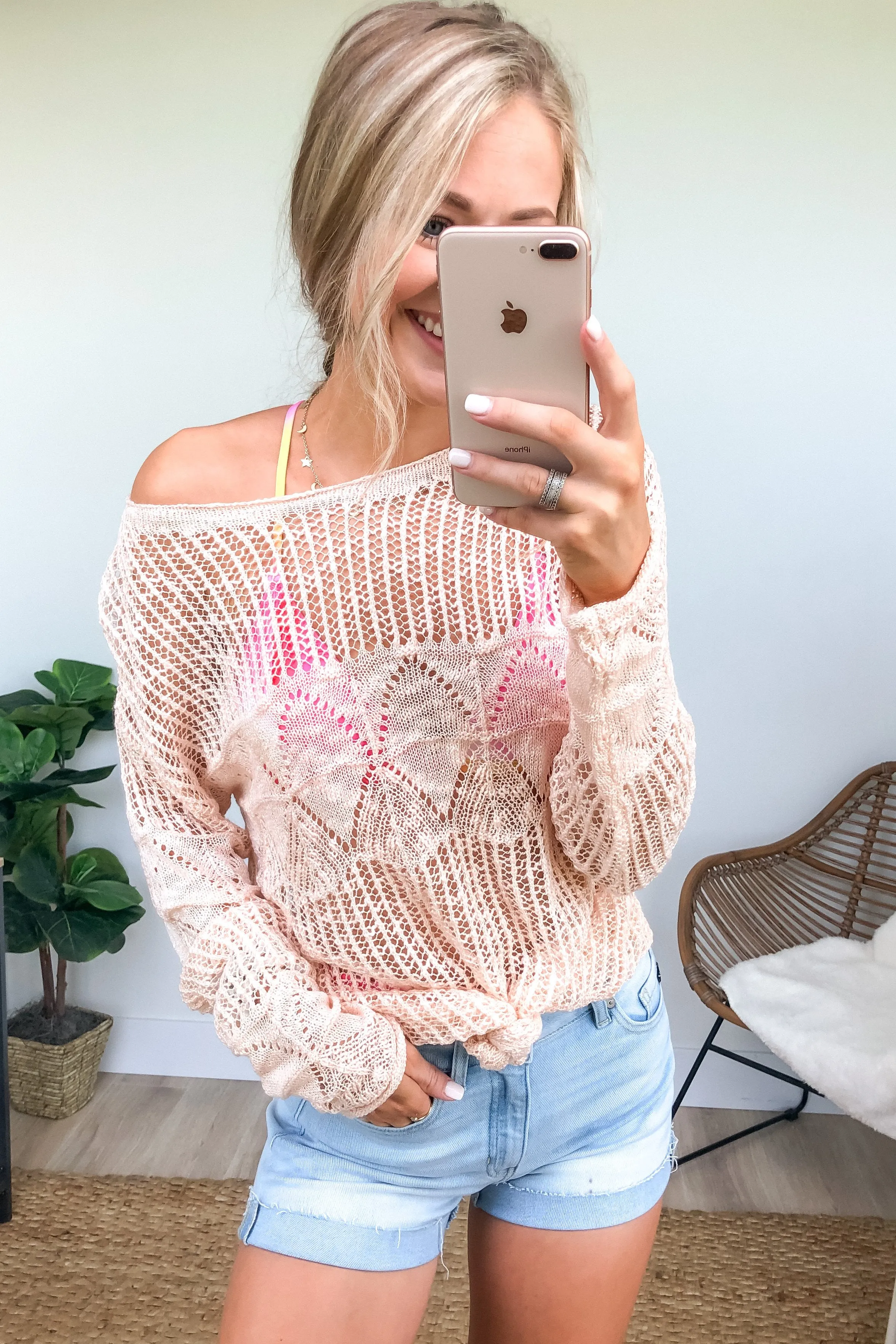 Effortless Smiles Open Knit Sweater- Light Peach