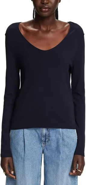 Esprit Fine Viscose V-Neck Soft Sweater In Navy