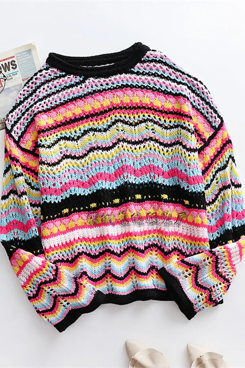 Fashion Striped Patchwork O Neck Sweaters(4 colors)