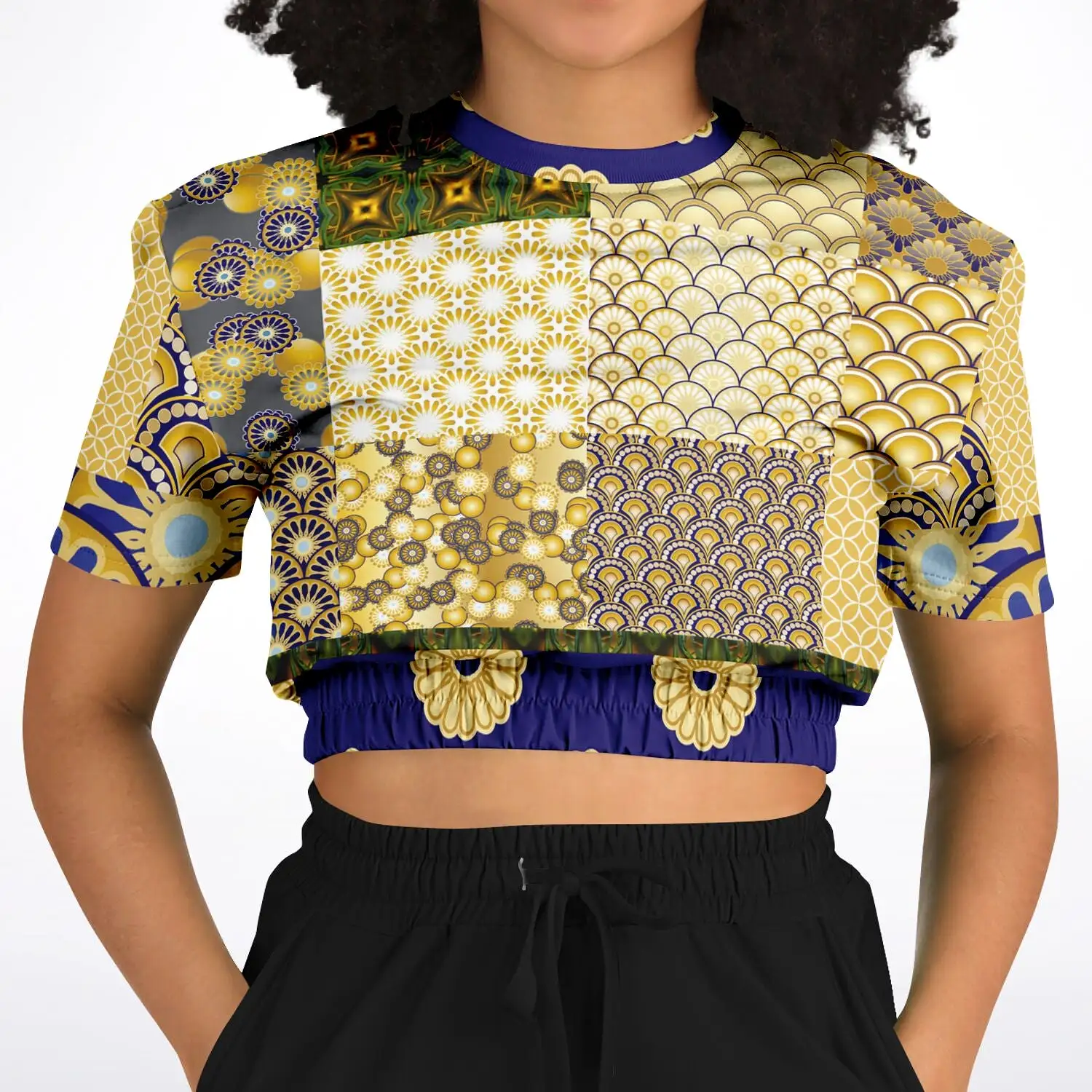 Forever Royale Floral Patchwork Short Sleeve Cropped Eco-Poly Sweater