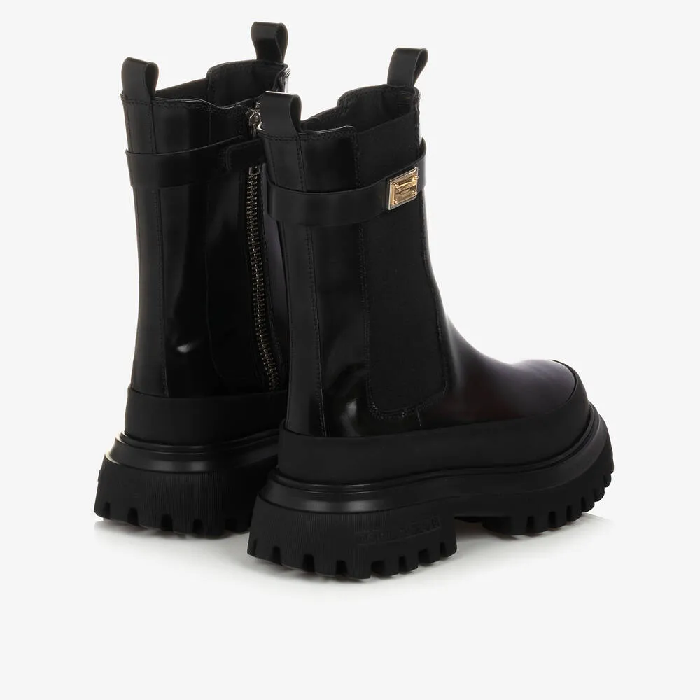 Girls Black Chunky Leather Boots