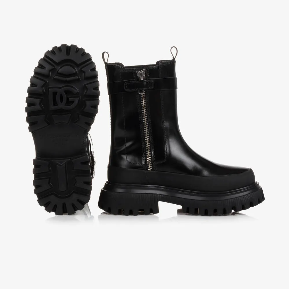 Girls Black Chunky Leather Boots