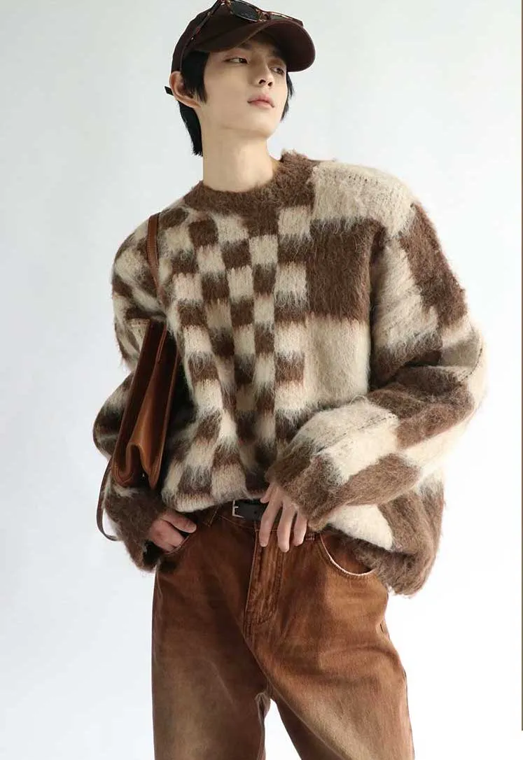 IRREGULAR CHECKERED MOHAIR CREWNECK