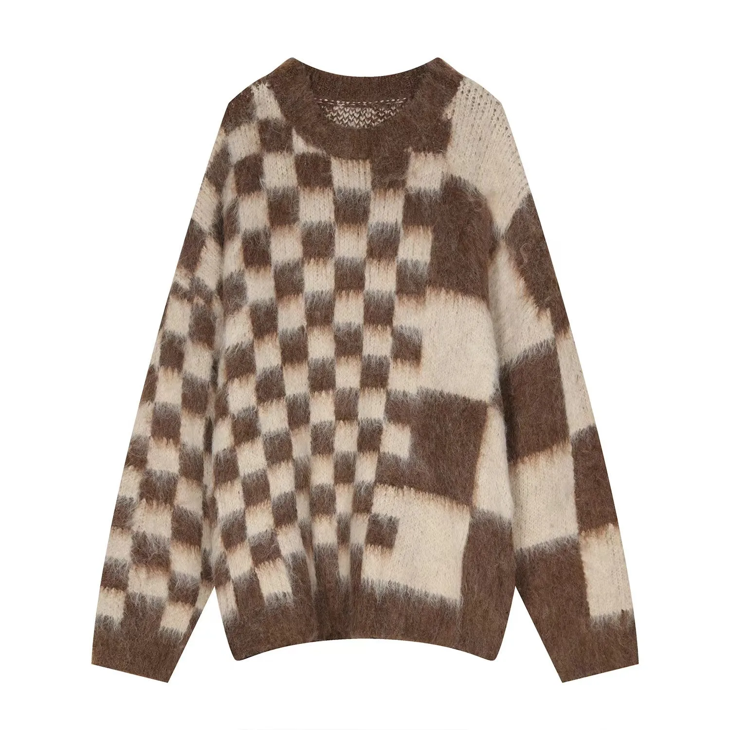 IRREGULAR CHECKERED MOHAIR CREWNECK