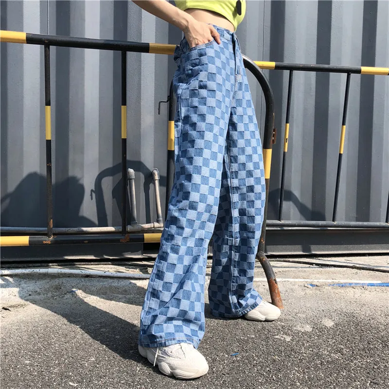 KOREAN RETRO PLAID LOOSE JEANS BY63099