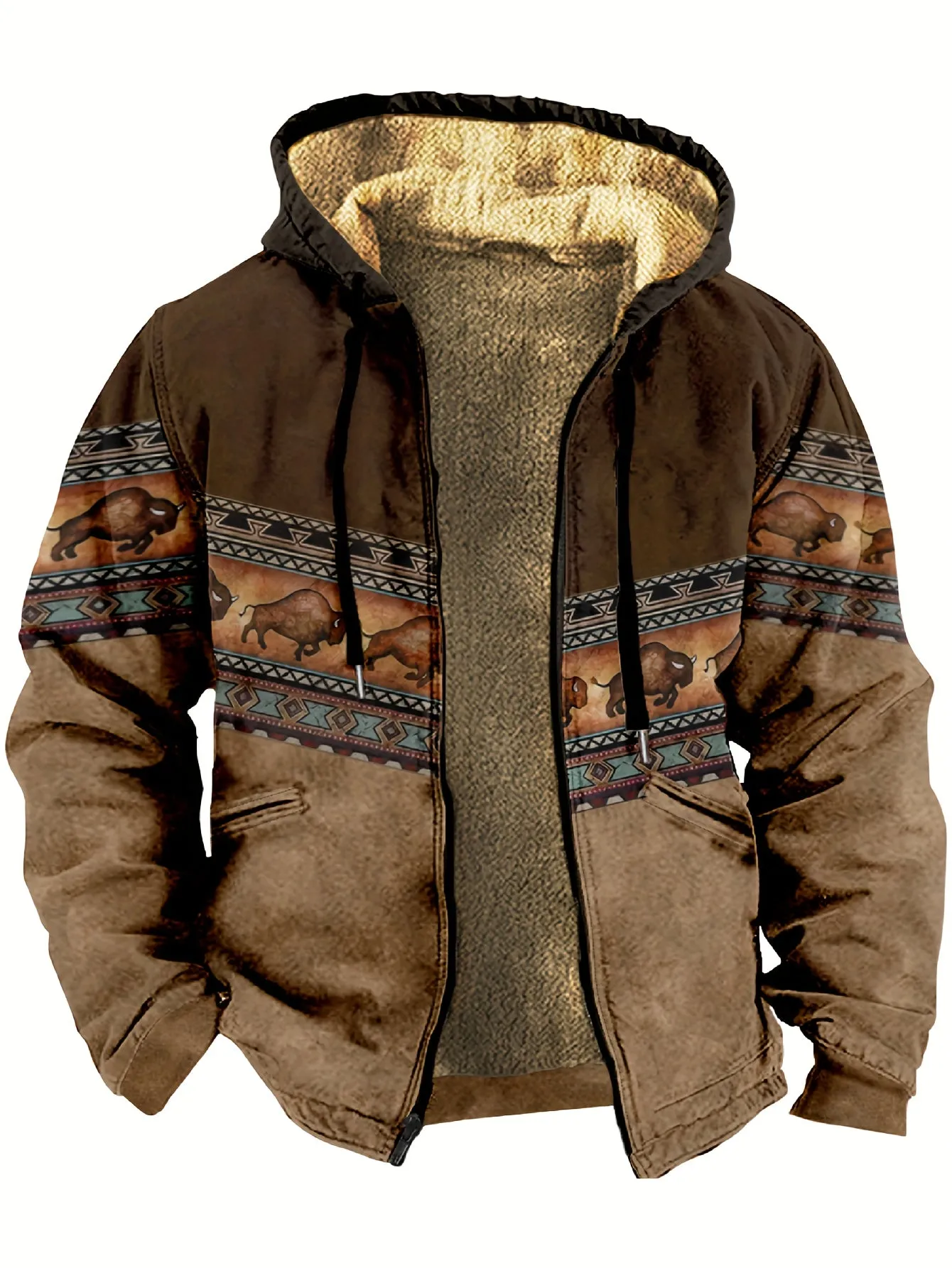 Men's Southwest Style Printed Thin Fleece Zip Up Hoodie