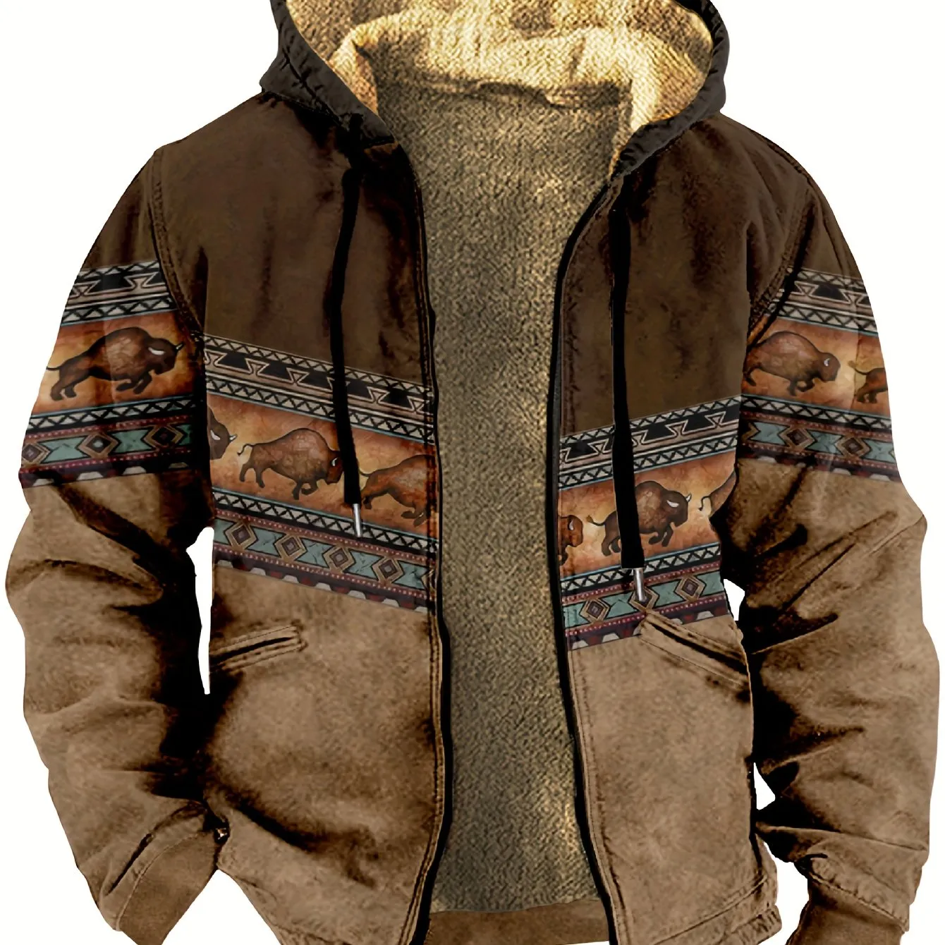 Men's Southwest Style Printed Thin Fleece Zip Up Hoodie