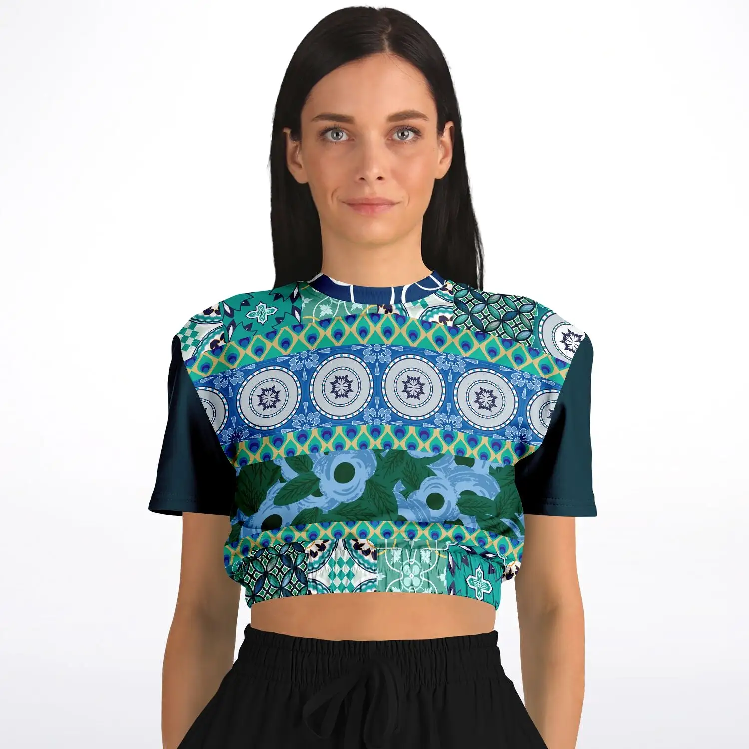 Mykonos Floral Patchwork Short Sleeve Cropped Eco-Poly Sweater