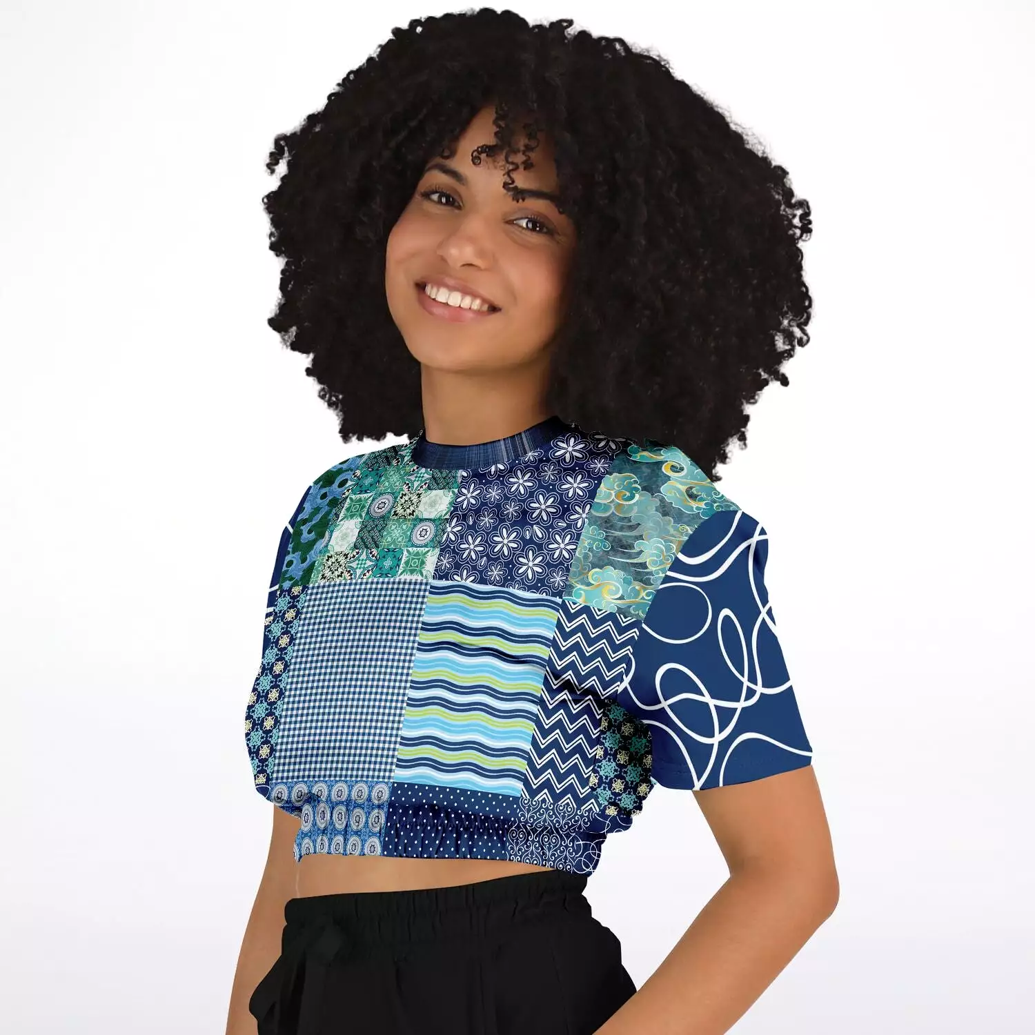 Mykonos Patchwork Print Short Sleeve Cropped Eco-Poly Sweater