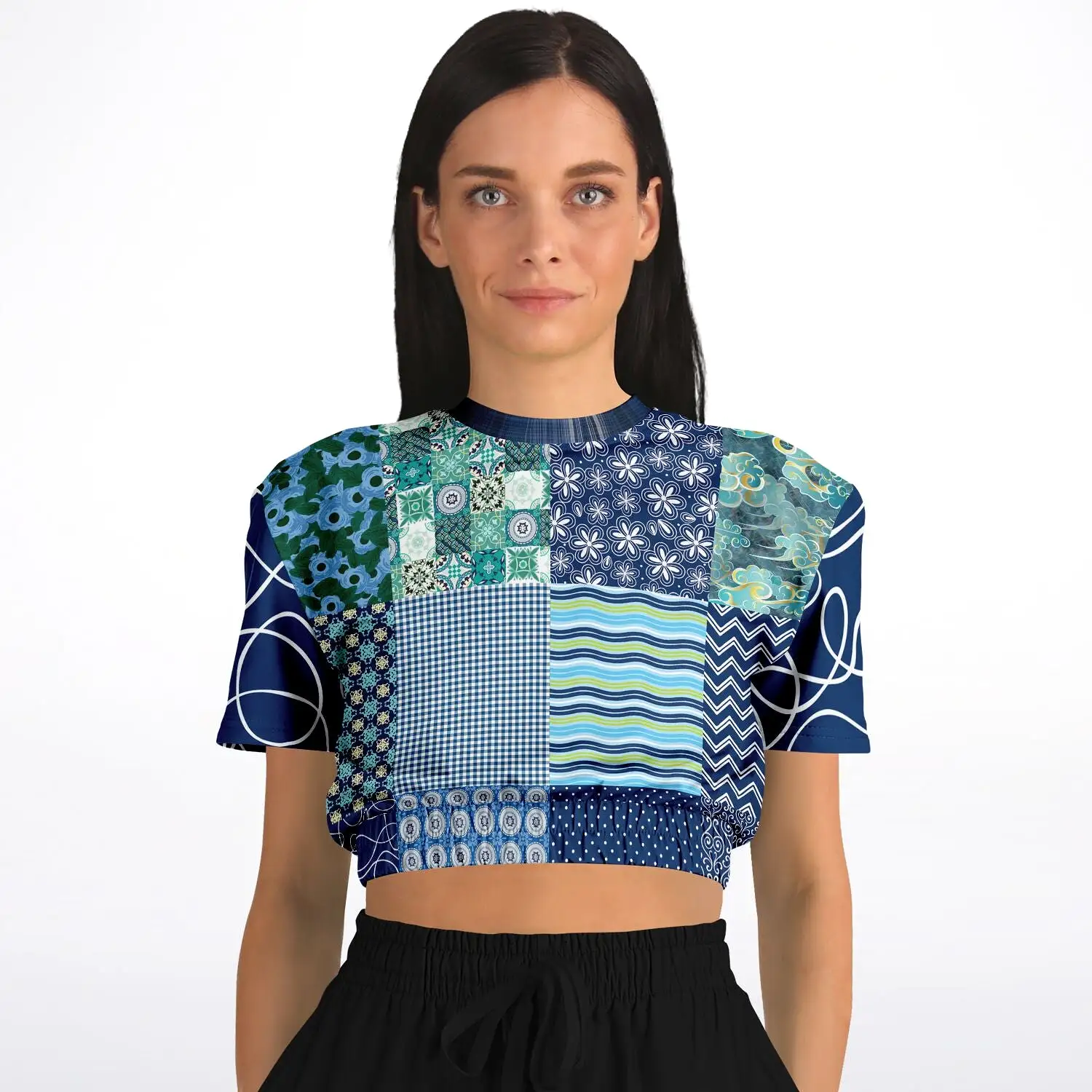 Mykonos Patchwork Print Short Sleeve Cropped Eco-Poly Sweater