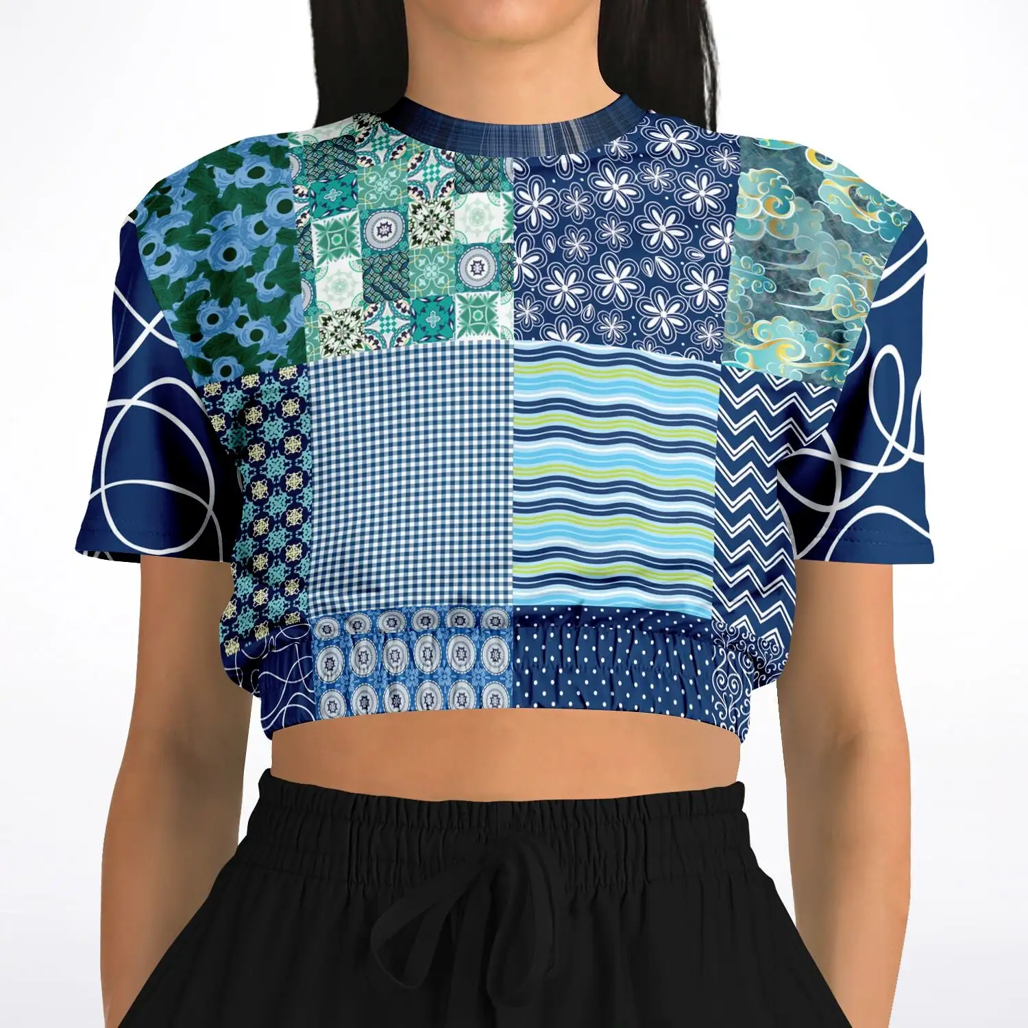 Mykonos Patchwork Print Short Sleeve Cropped Eco-Poly Sweater