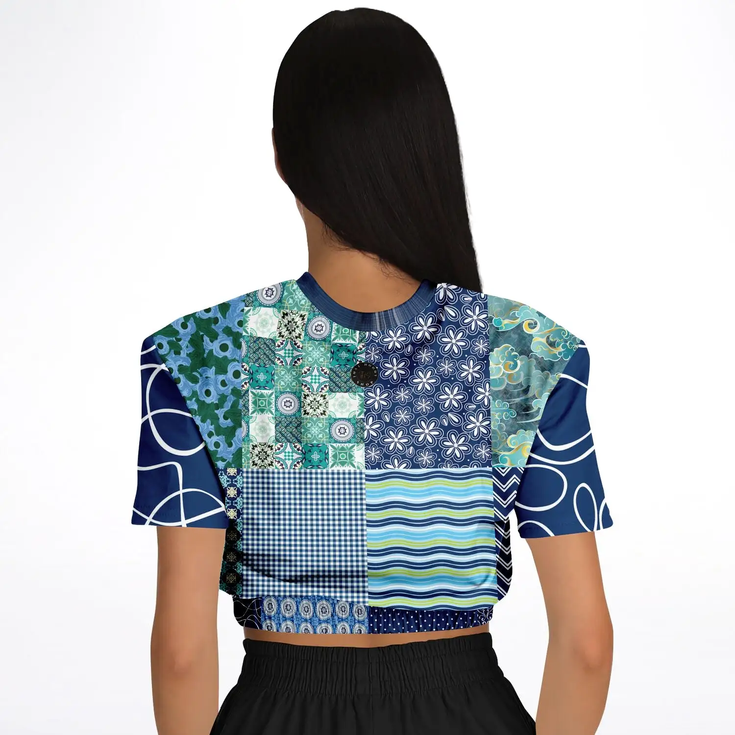 Mykonos Patchwork Print Short Sleeve Cropped Eco-Poly Sweater