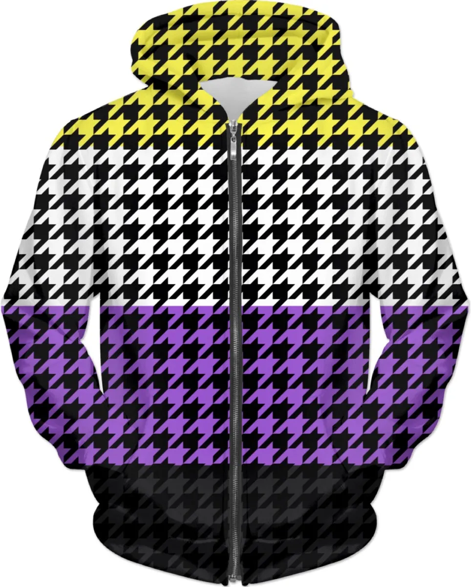 Non-Binary Pride Houndstooth Print Zip-Up Hoodie