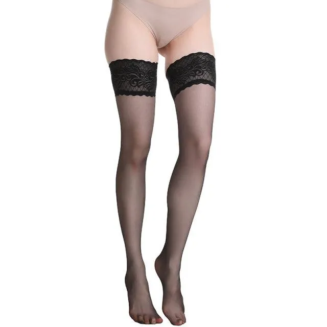 Non-slip Silicone Sexy Lace Top Thigh High Stockings Retro Oil Glossy Transparent