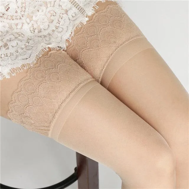 Non-slip Silicone Sexy Lace Top Thigh High Stockings Retro Oil Glossy Transparent