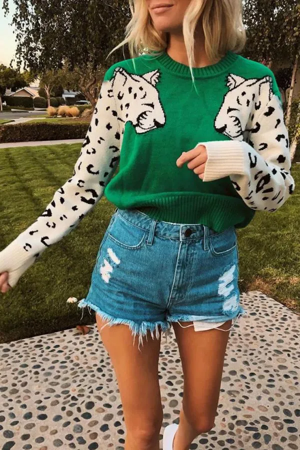 O Neck Long Sleeve Animal Prints Sweaters(3 Colors)