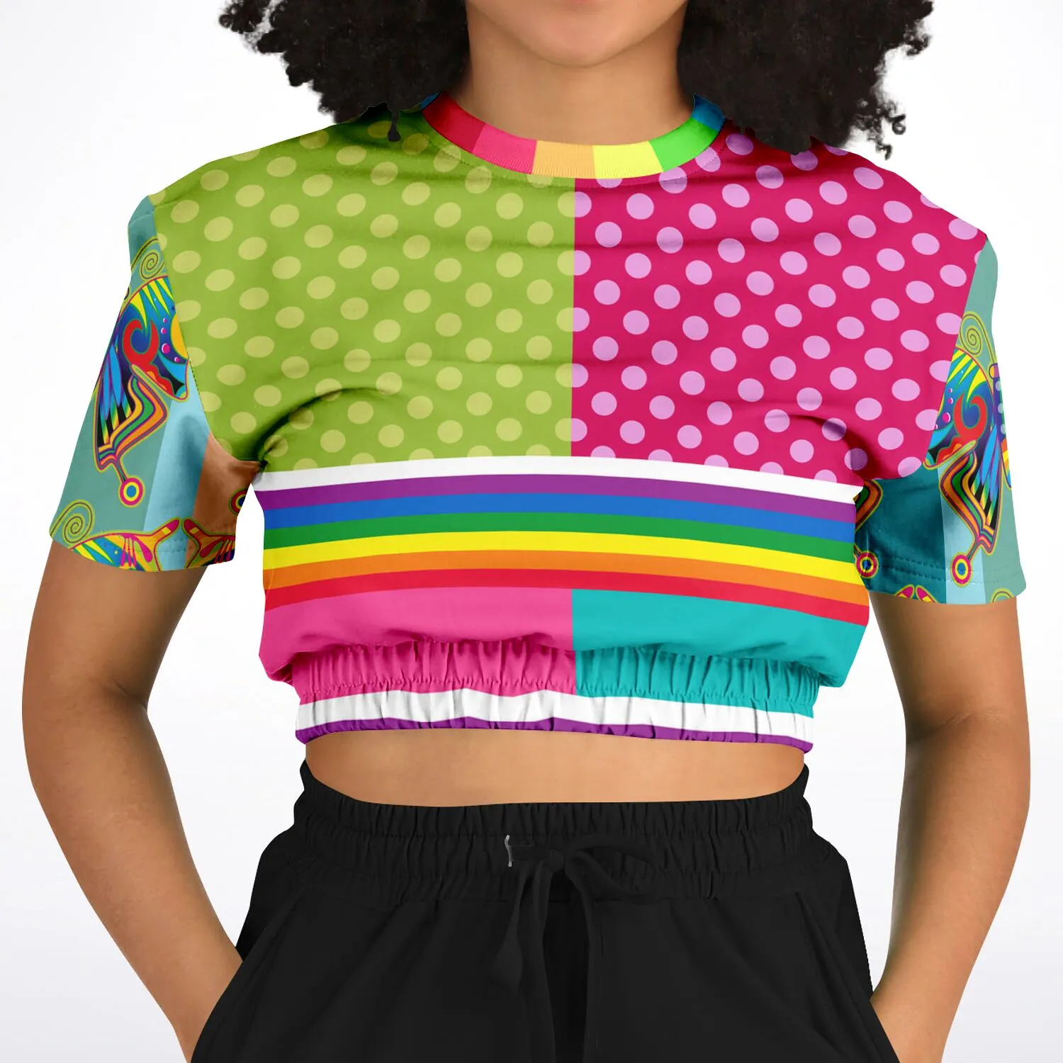 OG San Diego Polka Dot Patchwork Short Sleeve Cropped Eco-Poly Sweater