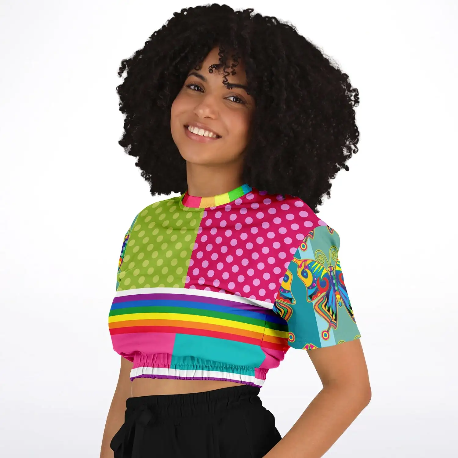 OG San Diego Polka Dot Patchwork Short Sleeve Cropped Eco-Poly Sweater