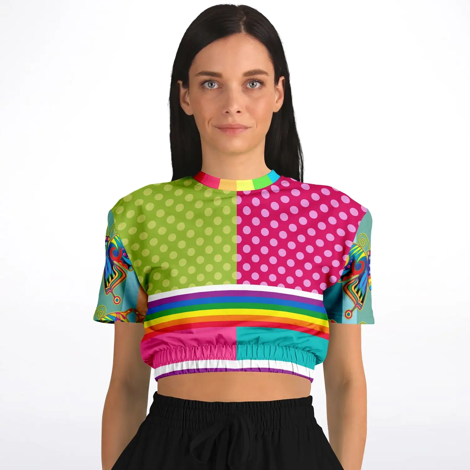 OG San Diego Polka Dot Patchwork Short Sleeve Cropped Eco-Poly Sweater