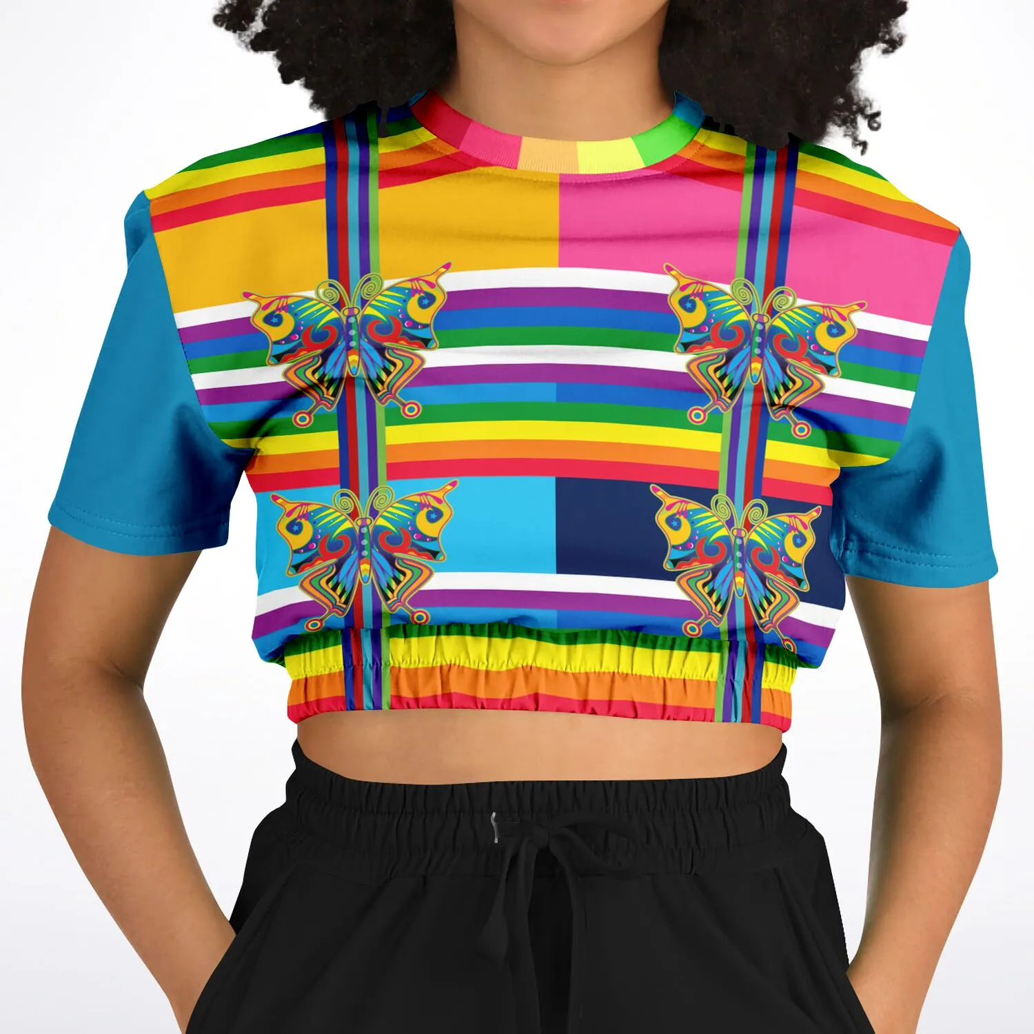 OG San Diego Rainbow Stripe Short Sleeve Cropped Eco-Poly Sweater