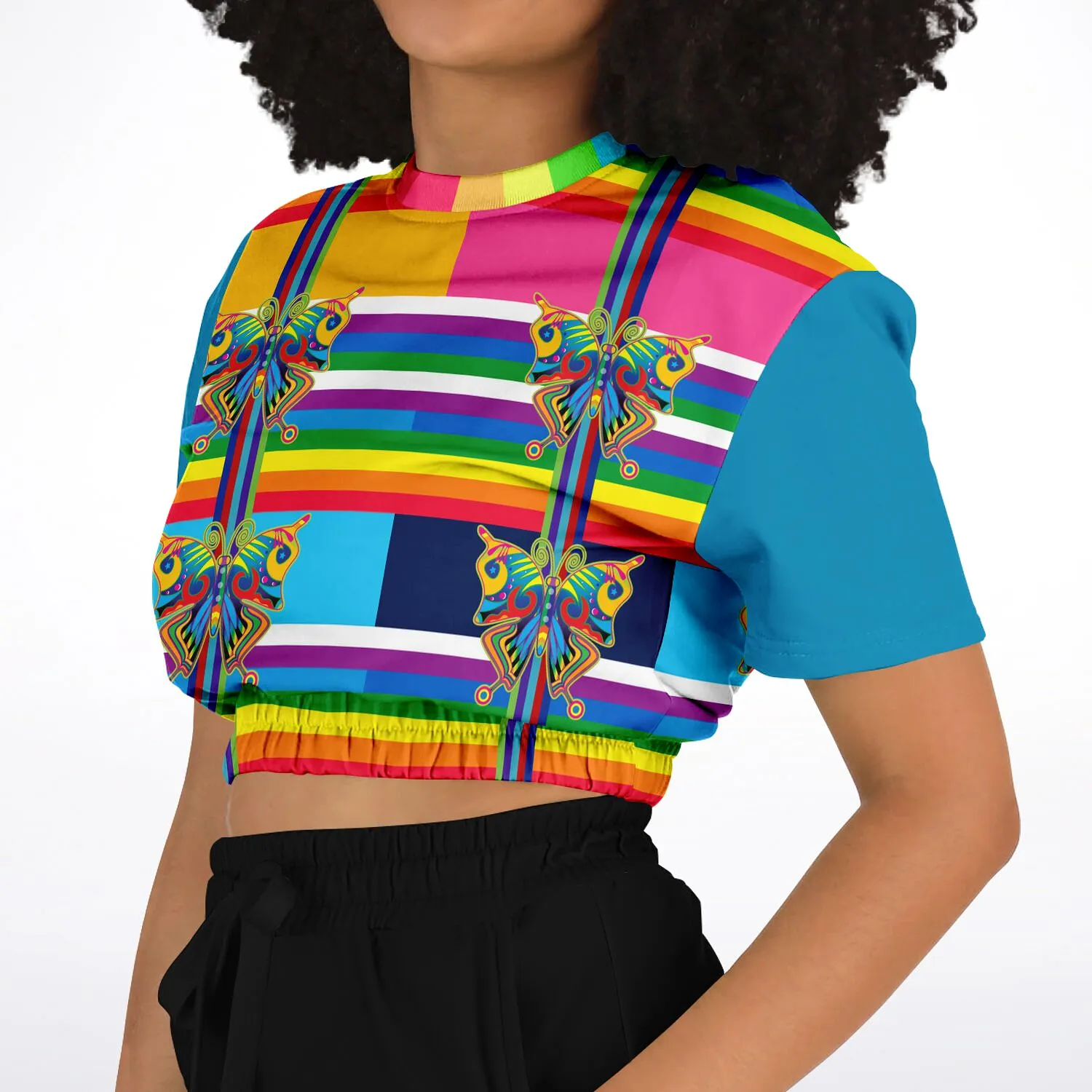 OG San Diego Rainbow Stripe Short Sleeve Cropped Eco-Poly Sweater