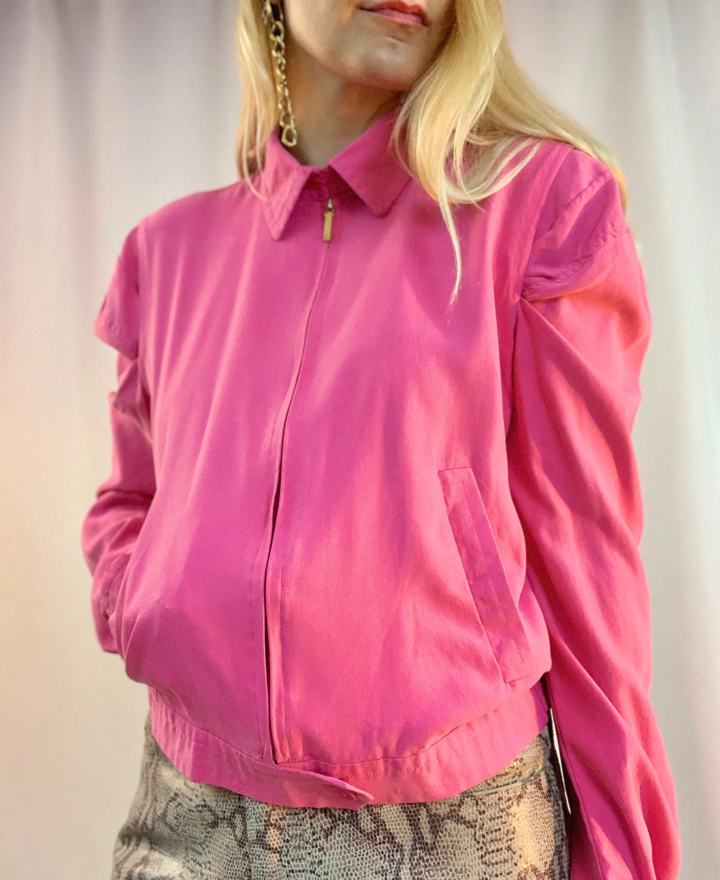 Pink silk puff sleeve jacket