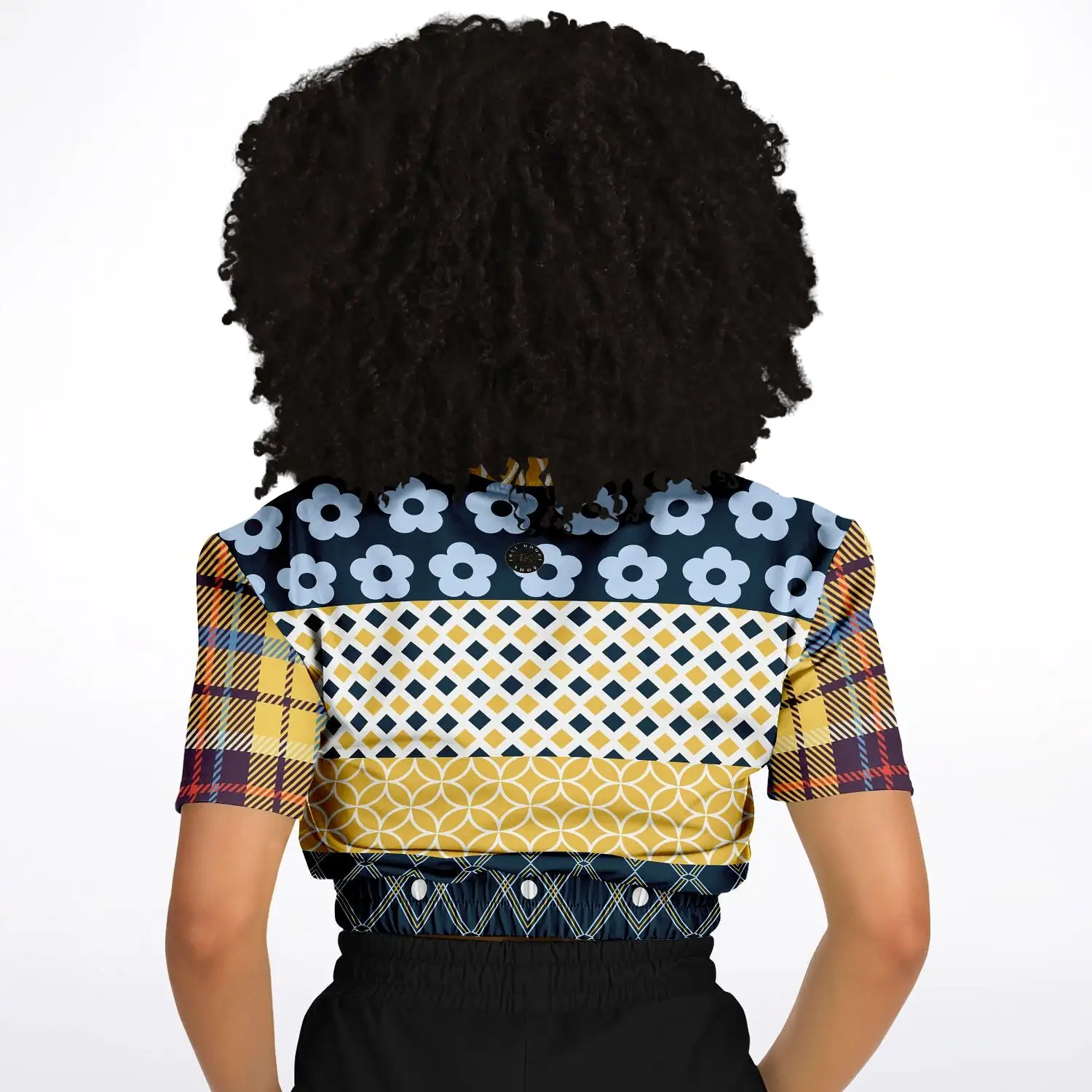 Royal Flush Blue Patchwork Short Sleeve Cropped Eco-Poly Sweater